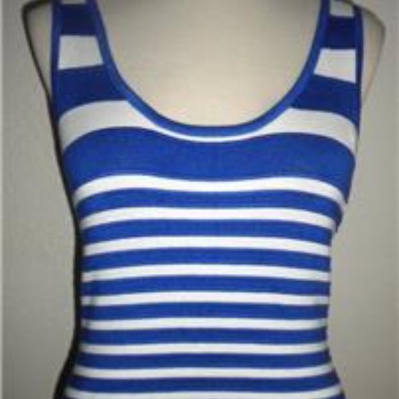 GUESS MS SIZE MEDIUM JEWEL BLUE AND WHITE STRIPED RAYON BLEND SLEEVELESS DRESS - Picture 3 of 7